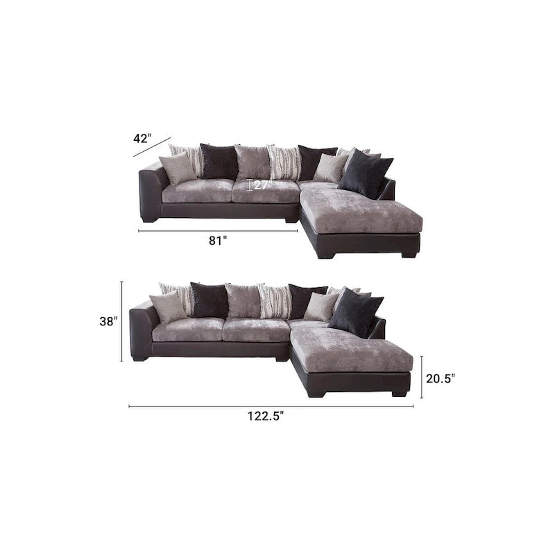 Charcoal and Black, L Shaped Sectional Sofa with 8 Back Pillows and 2 Accent Pillows