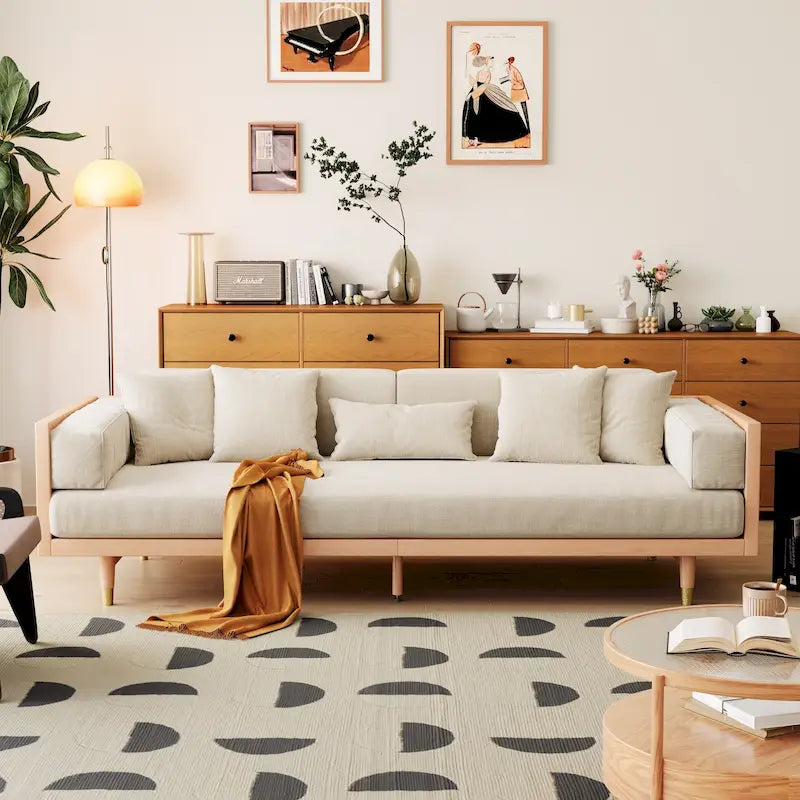Modern 3-Seat Upholstered Cotton Linen Sofa,Beige