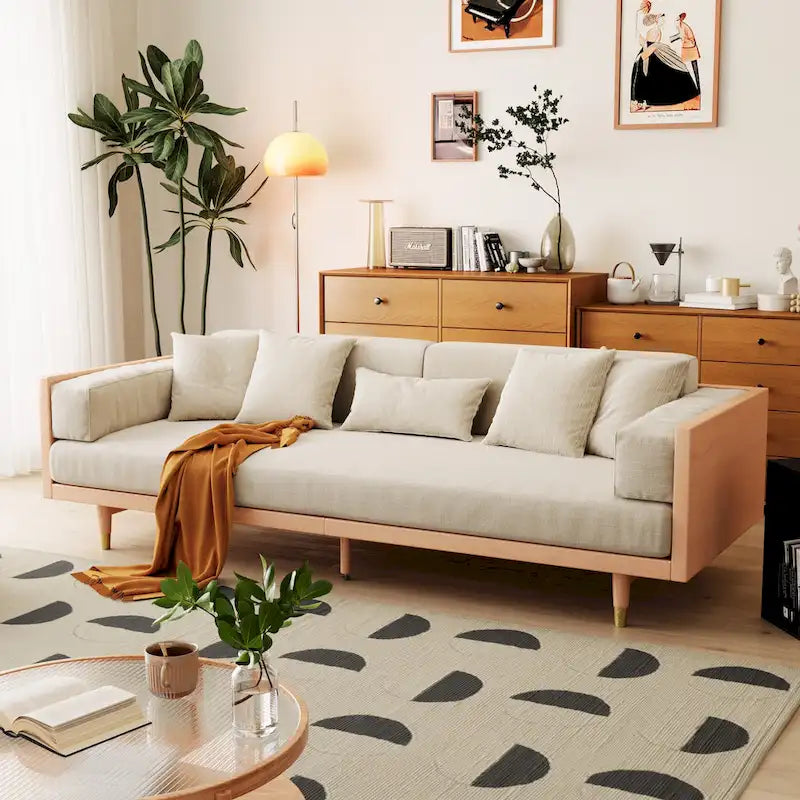 Modern 3-Seat Upholstered Cotton Linen Sofa,Beige