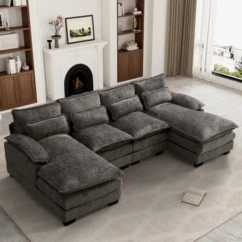 Large Chenille Fabric U-shaped Sectional Sofa with Cushions