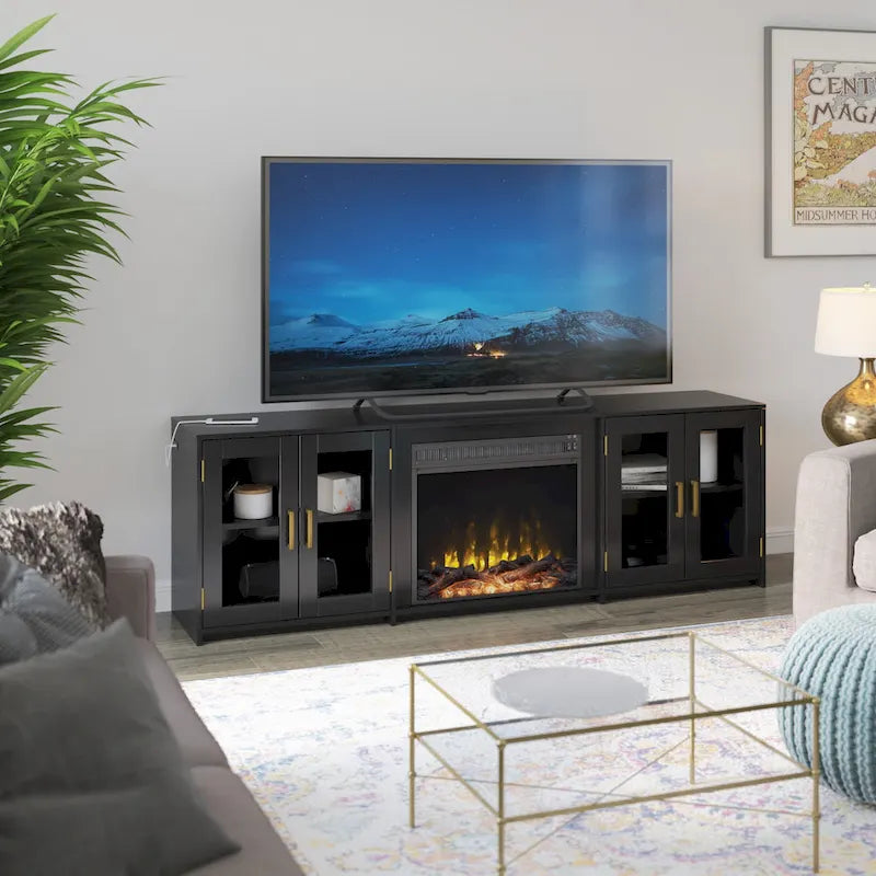 TV-Ständer für Fernseher bis zu 80 mit elektrischem Kamin und Glastüren