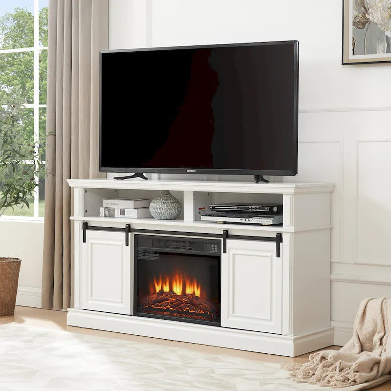 Media Console Table with Storage Cabinet, Mid Century Modern TV Console with 23 Fireplace Insert, Multipurpose Sliding Door TV
