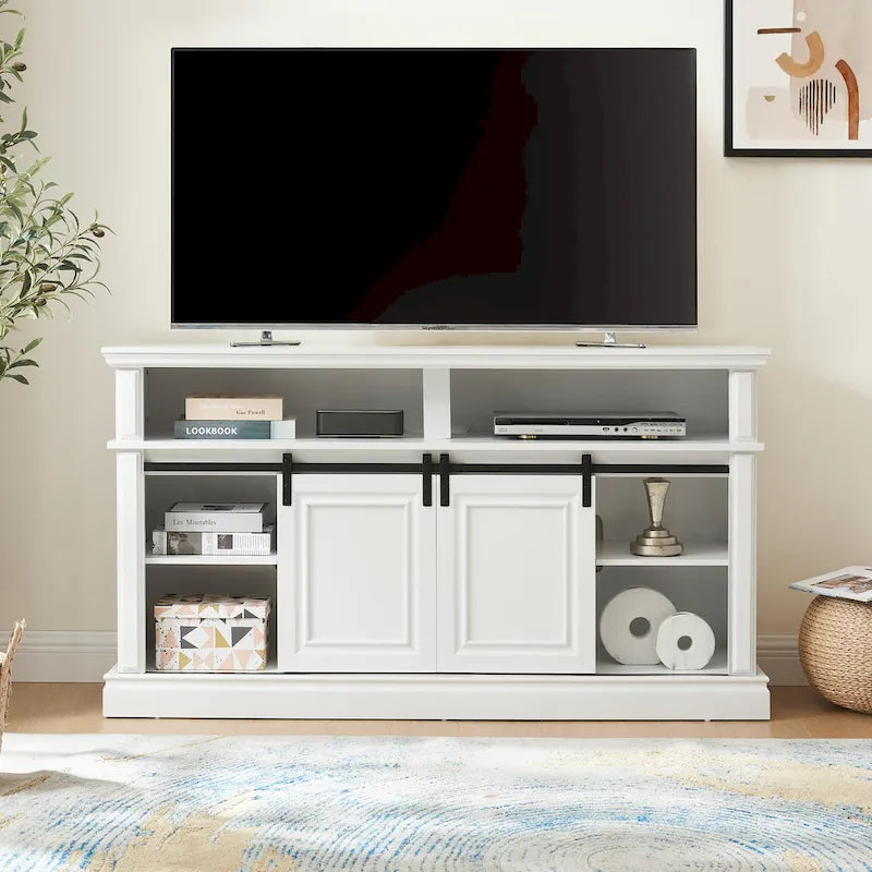Media Console Table with Storage Cabinet, Mid Century Modern TV Console with 23 Fireplace Insert, Multipurpose Sliding Door TV