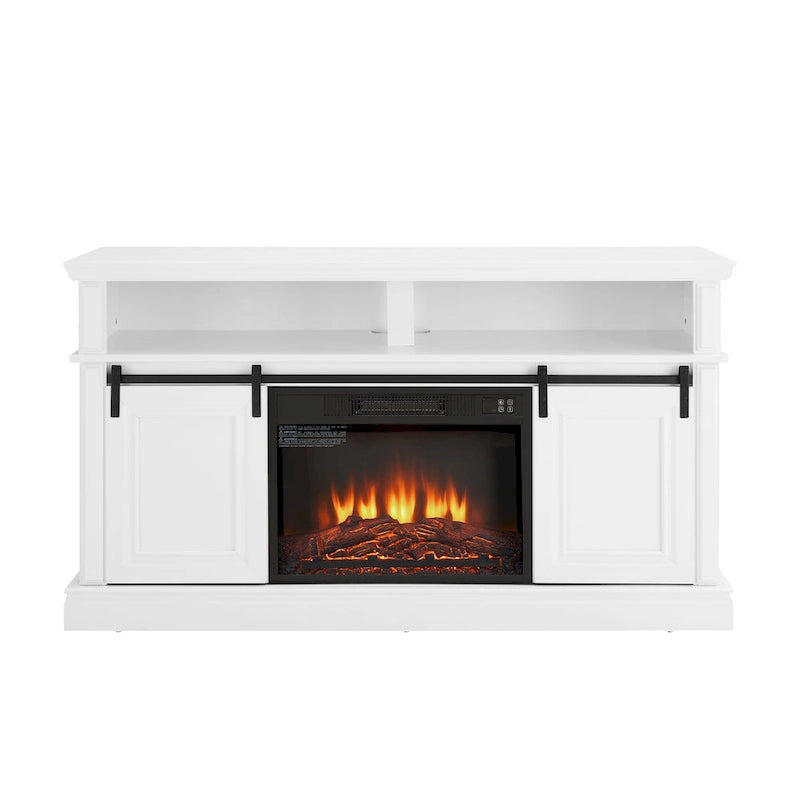Media Console Table with Storage Cabinet, Mid Century Modern TV Console with 23 Fireplace Insert, Multipurpose Sliding Door TV