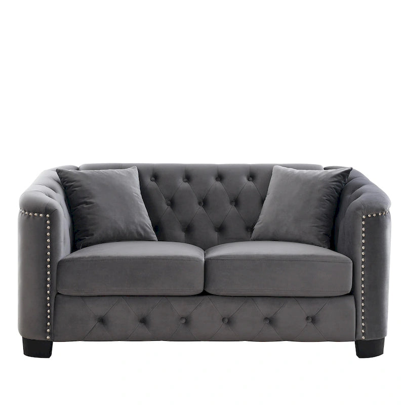 59-Inch Modern Chesterfield Velvet Sofa, 2-Seater Sofa, Upholstered Tufted Backrests with Nailhead Arms and 2 Cushions for Livin
