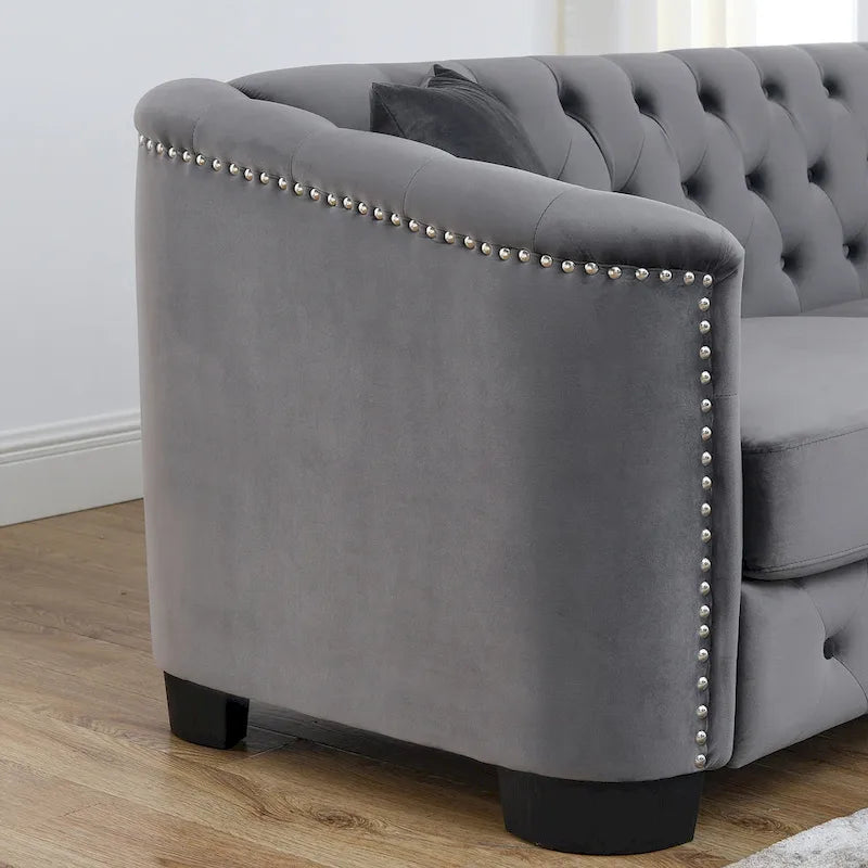 59-Inch Modern Chesterfield Velvet Sofa, 2-Seater Sofa, Upholstered Tufted Backrests with Nailhead Arms and 2 Cushions for Livin