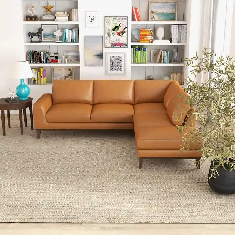 Miami Mid Century Living Room Top Leather Corner Sofa in Tan