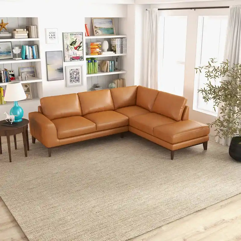 Miami Mid Century Living Room Top Leather Corner Sectional Sofa in Tan