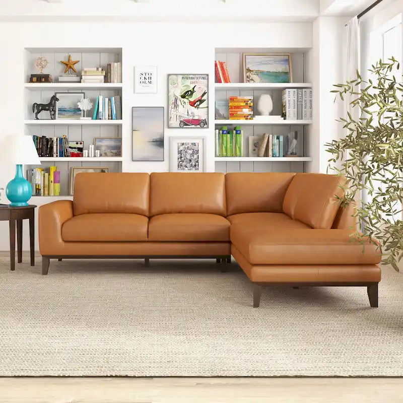 Miami Mid Century Living Room Top Leather Corner Sofa in Tan