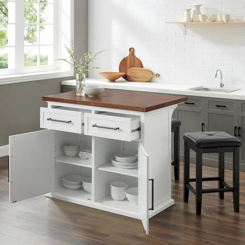Kuchyňský ostrůvek s dřevěnou deskou a čalouněnými čtvercovými stoličkami - 50d x 42w x 36h