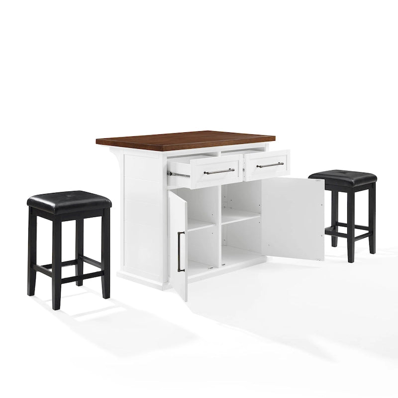 Kuchyňský ostrůvek s dřevěnou deskou a čalouněnými čtvercovými stoličkami - 50d x 42w x 36h