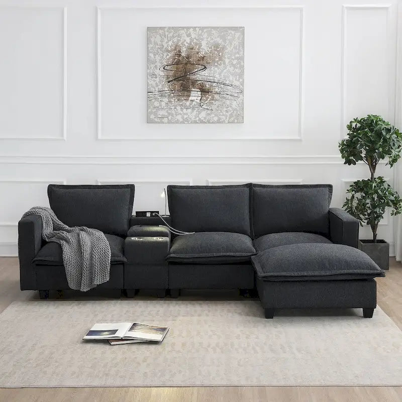 Chenille Square Arm Mid-Century Modern USB Port Sectional Sofa - 109 x 57