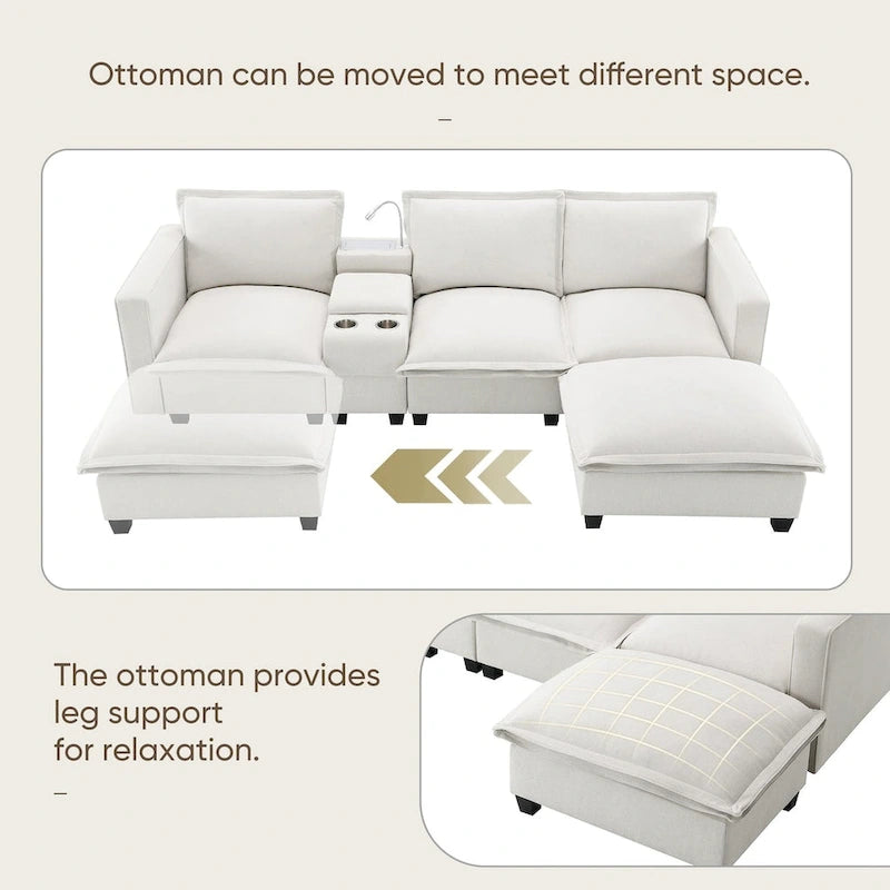 Chenille Square Arm Mid-Century Modern USB Port Sectional Sofa - 109 x 57