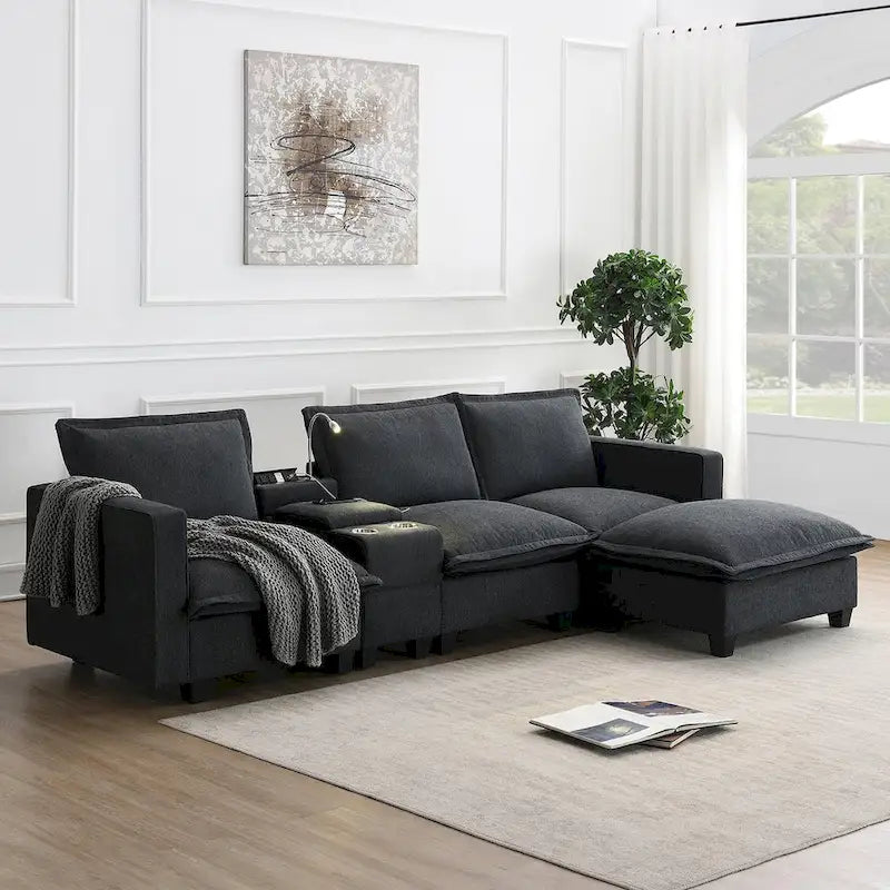 Chenille Square Arm Mid-Century Modern USB Port Sectional Sofa - 109 x 57