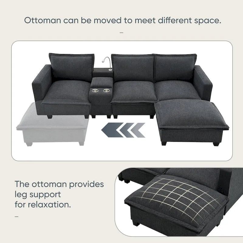 Chenille Square Arm Mid-Century Modern USB Port Sectional Sofa - 109 x 57