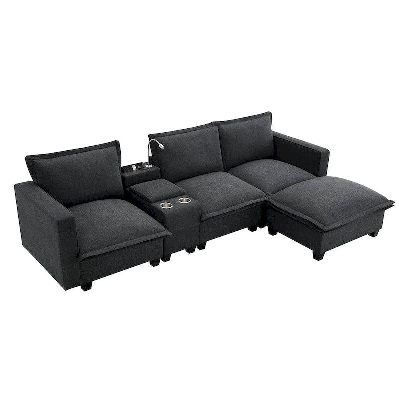 Chenille Square Arm Mid-Century Modern USB Port Sectional Sofa - 109 x 57