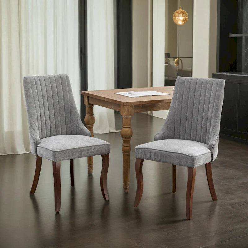 Eetkamerstoelen van rayon, flocklinnen, met kanaalstiksel, gestoffeerde keuken- en eetkameraccentstoelen met gebogen poten van massief hout,set van 2