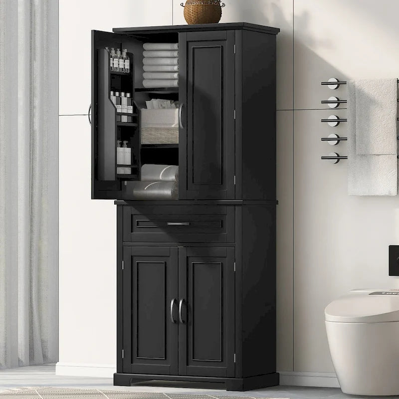 Bathroom Storage Cabinet with Doors and Drawer, Multiple Storage Space, Adjustable Shelf, Black